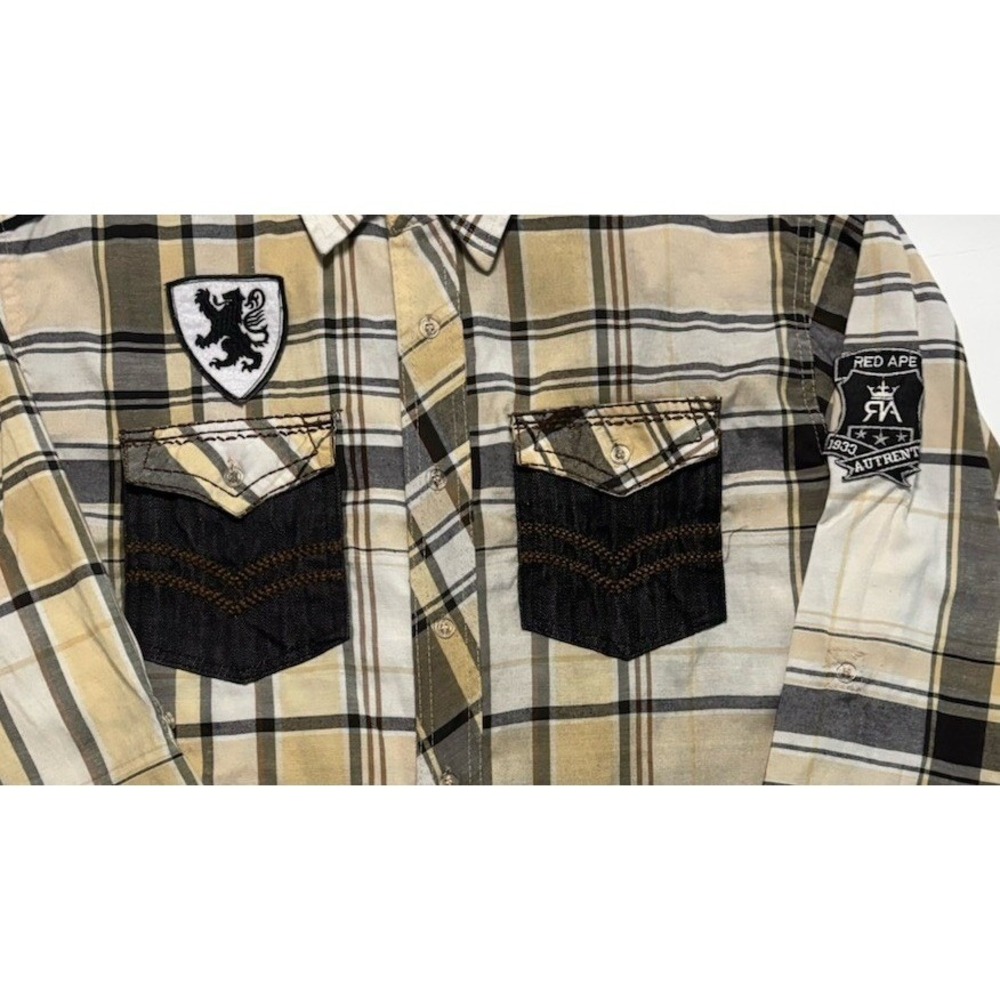 Red Ape Mens Tan Black Plaid Button Down Shirt Lion Crest Patch Size Large - Picture 3 of 16